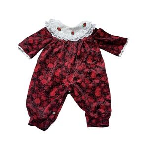 Vintage 80s 90s Infant Baby Floral Velour Romper With Lace Rose Collar Size 12 M